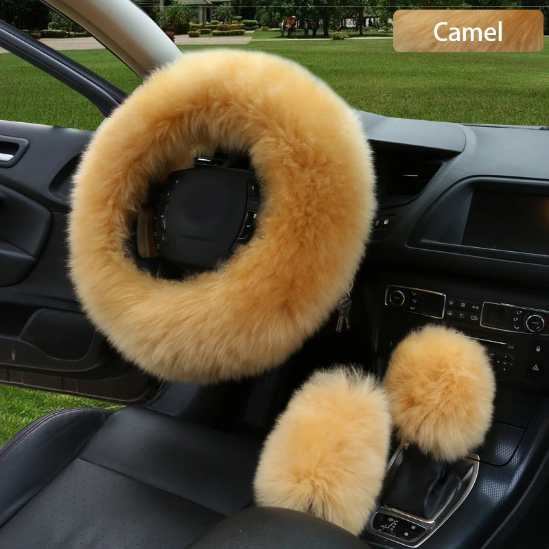 Camel 3 шт. автомобиль из искусственной шерсти руль Зимний теплый плюшевый чехол крышка авто руль чехлы протектор Декор Аксессуары - Название цвета: Camel