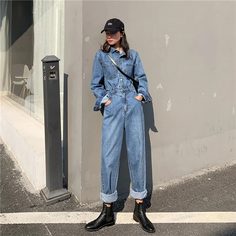 Женский джинсовый комбинезон в стиле бойфренда весенний Облегающий с длинным