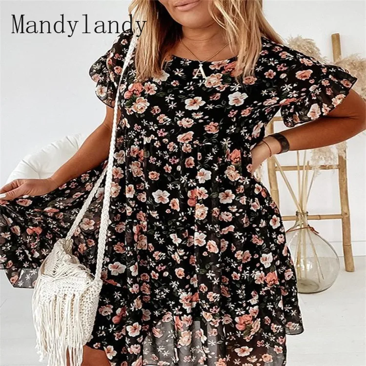 

Mandylandy Summer Fashion Short Sleeve Floral Print Loose Dress Women's Casual O-Neck Pleated Stitching Dress