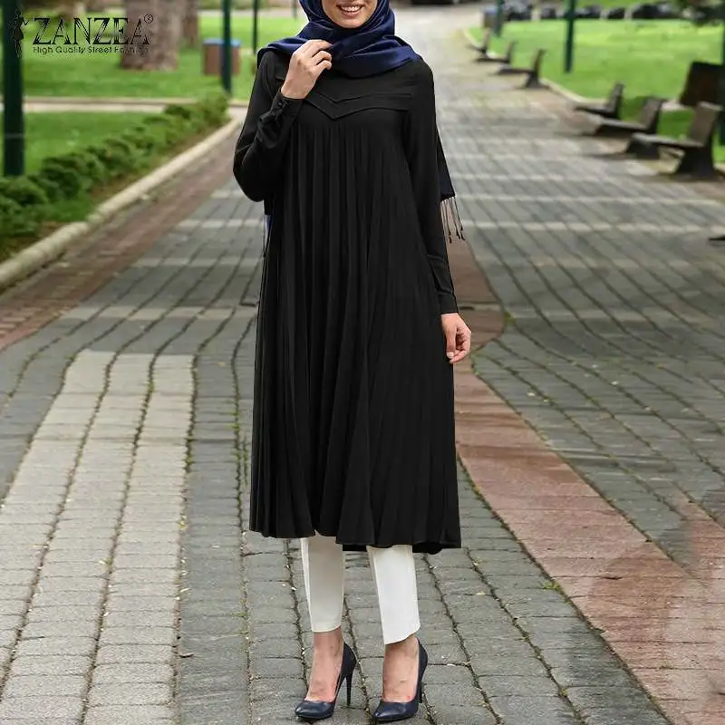 

Casual Loose Blusas ZANZEA Women Fashion Muslim Blouse Abaya Long Sleeve Pintuck Blouse Tunic Tops Female Solid Chemise Tops