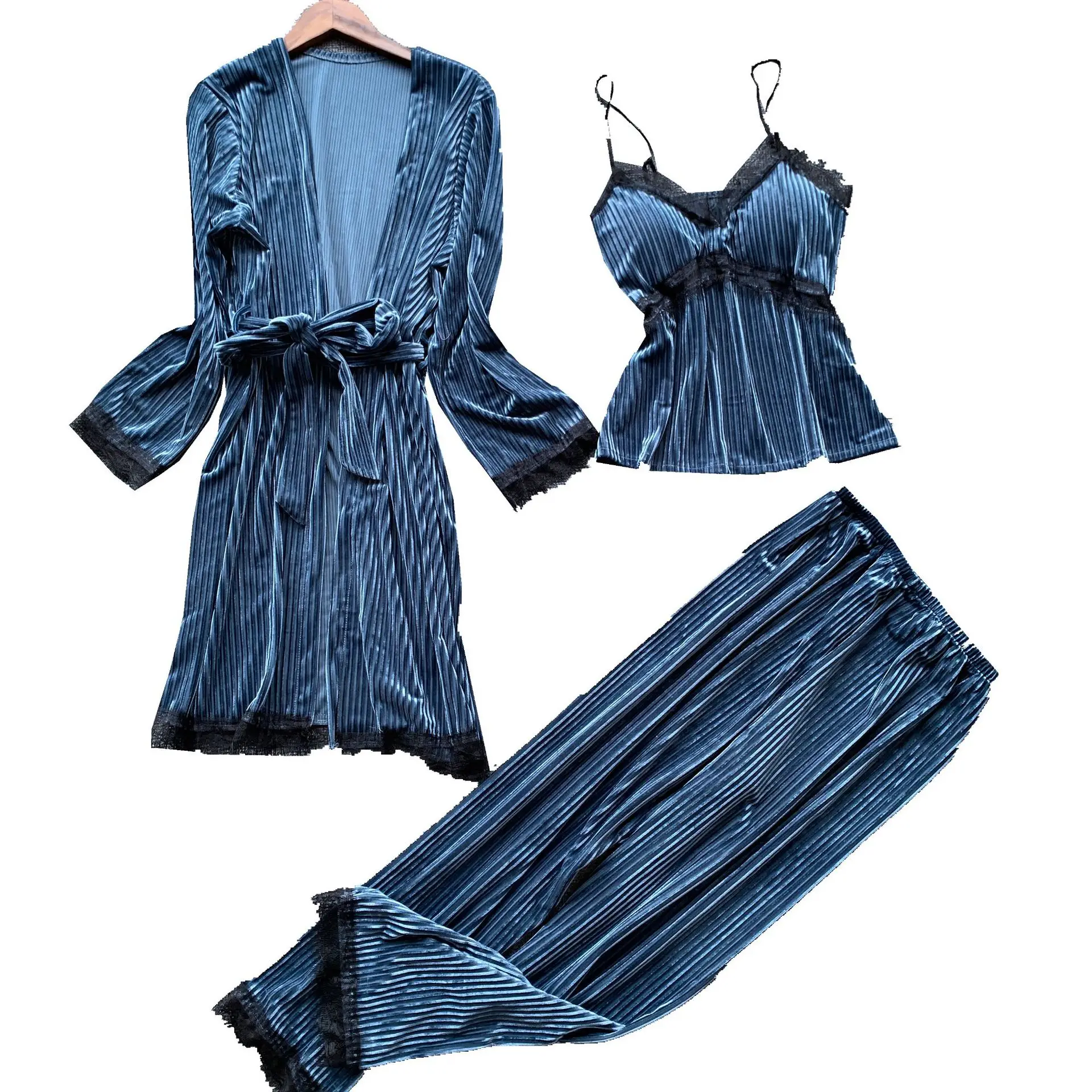 Осенне-зимний новый стиль золотой бархат женская пижама из трех частей нагрудная