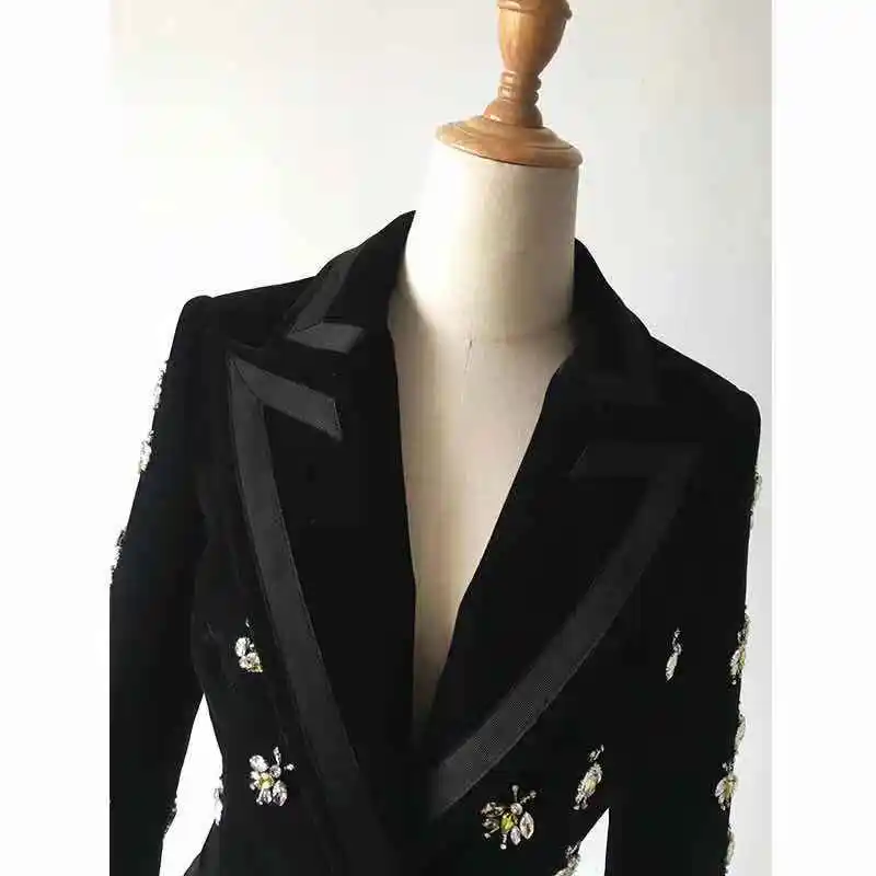 

High Quality Autumn Style Commuting Black Velvet Medium Length Little Bee Inlaid Diamond High Street Celebrity Party Blazer Coat