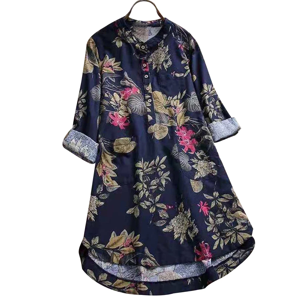 Женская блузка средней длины с длинным рукавом и стоячим воротником размера плюс