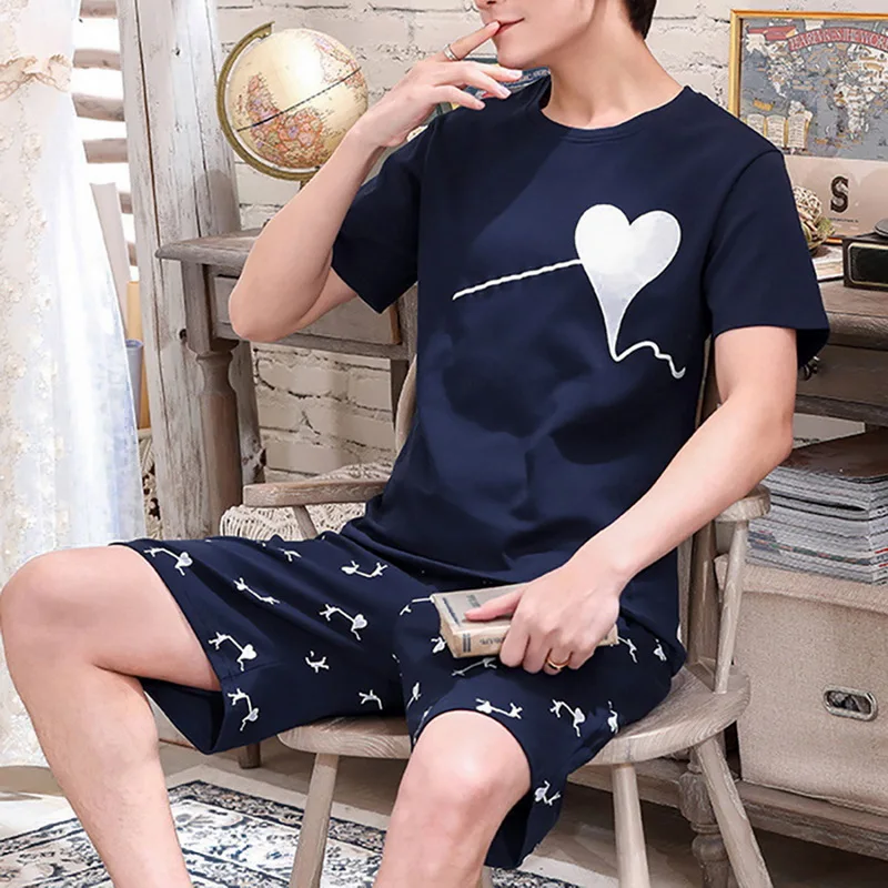 

Puimentiua Men Pajamas Summer Short Sleeve Shorts Set Fashion Print Sleepwear Leisure Suit Nightwear Loose Men Pijamas Longewear