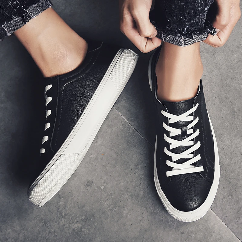 2022 New Men Shoes Leather Sneakers Walking Fashion Casual Footwear Lace-up Solid Male Comfortable Flats Yellow White Shoe | Обувь