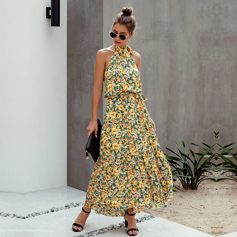 

2020 New Fashion Summer Halter Print Dress Women Sleeveless Cotton Print Lace Up Long Dress Streetwear