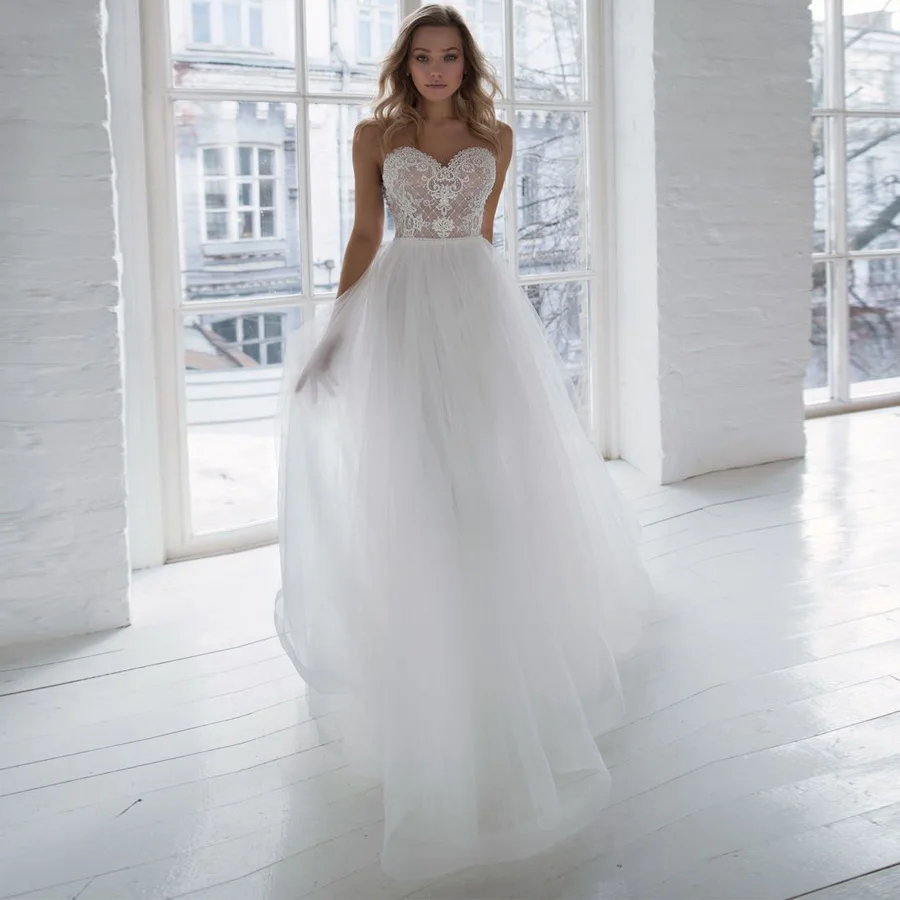 

Custom Lace Wedding Dresses 2021 Vestido De Novia Sweetheart Sheer Strap Pearls Applique Bridal Wedding Gowns Robe De Mariage