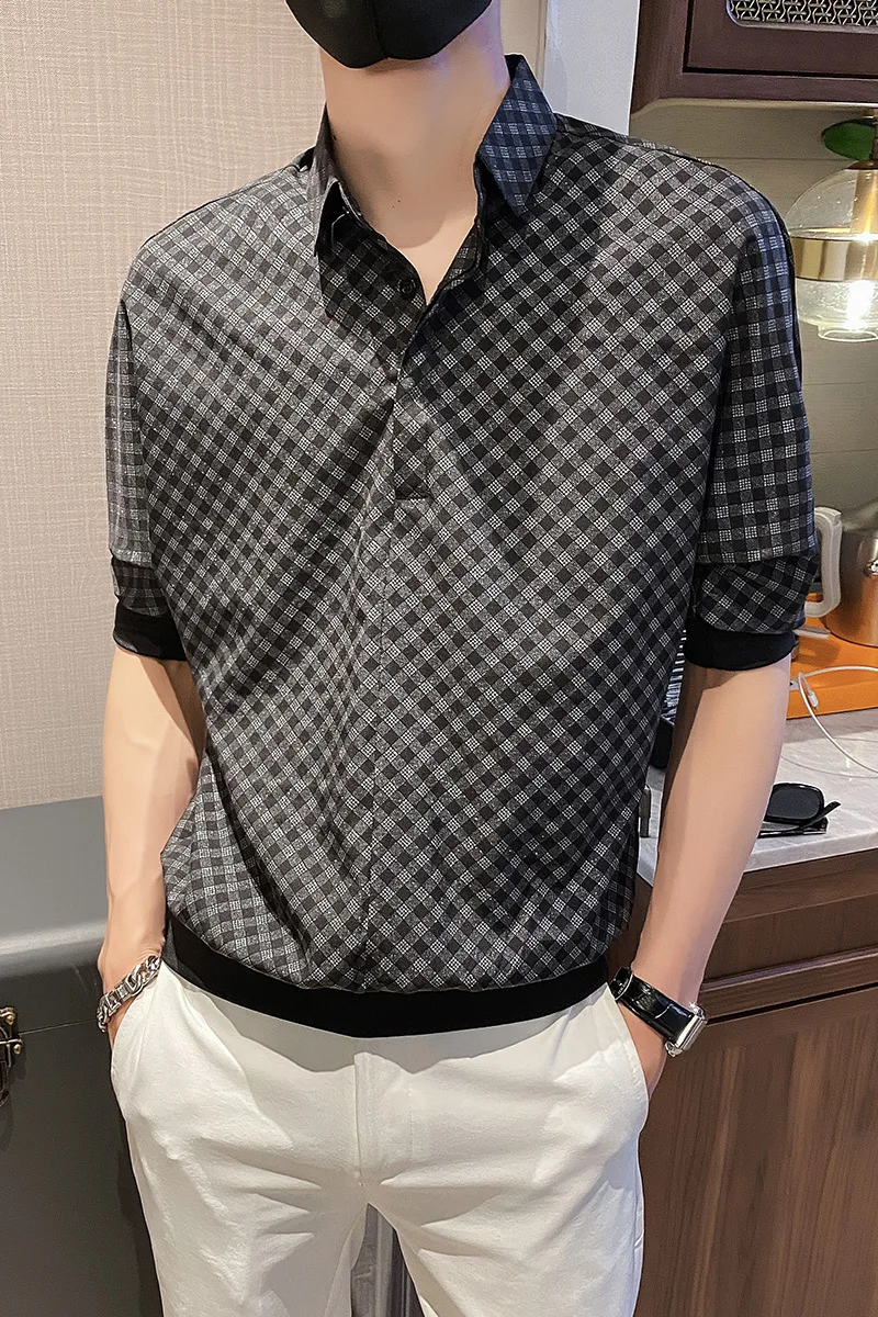 

2021 Summer Plaid Pullover Men Loose Streetwear Shirts Short Sleeve Casual Shirt Social Party Male Clothing Camisas Para Hombre