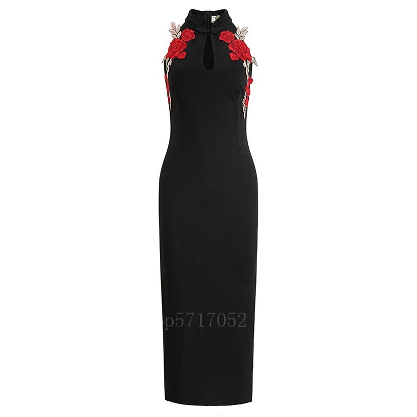 Женское сексуальное красное платье черное с высоким разрезом китайское