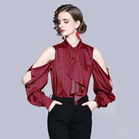 sexy red chemise femme open shoulder blusas mujer de moda ruffle tie camisas de mujer o neck shirts for women floral print hot