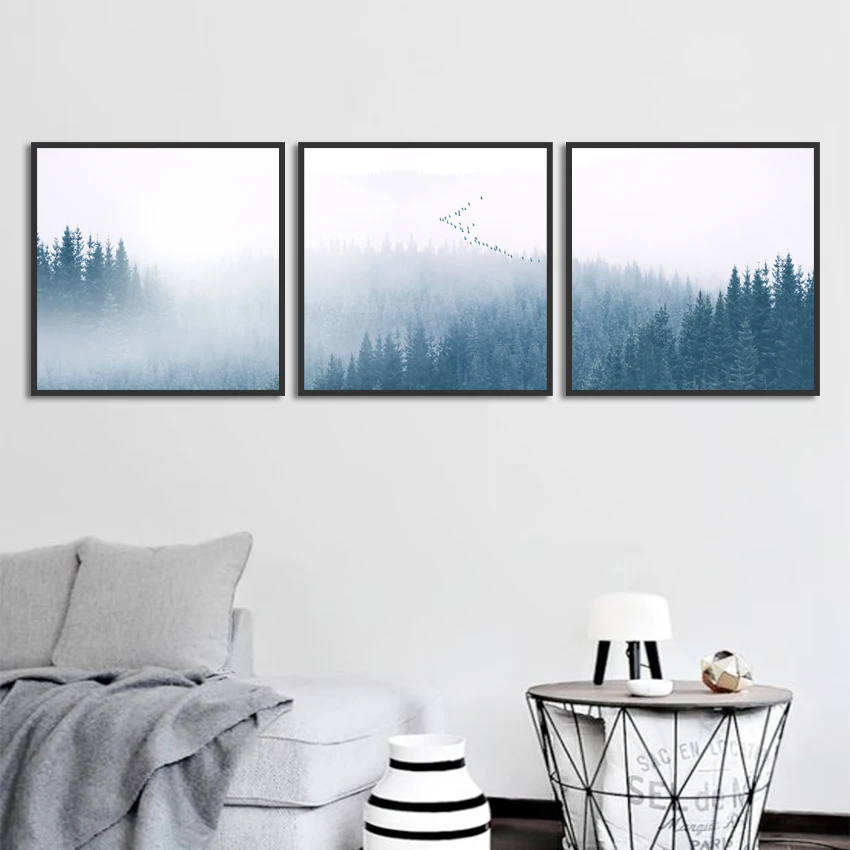 Nordic Стиль Плакаты Туманный лес Настенная картина с ландшафтом изображение для