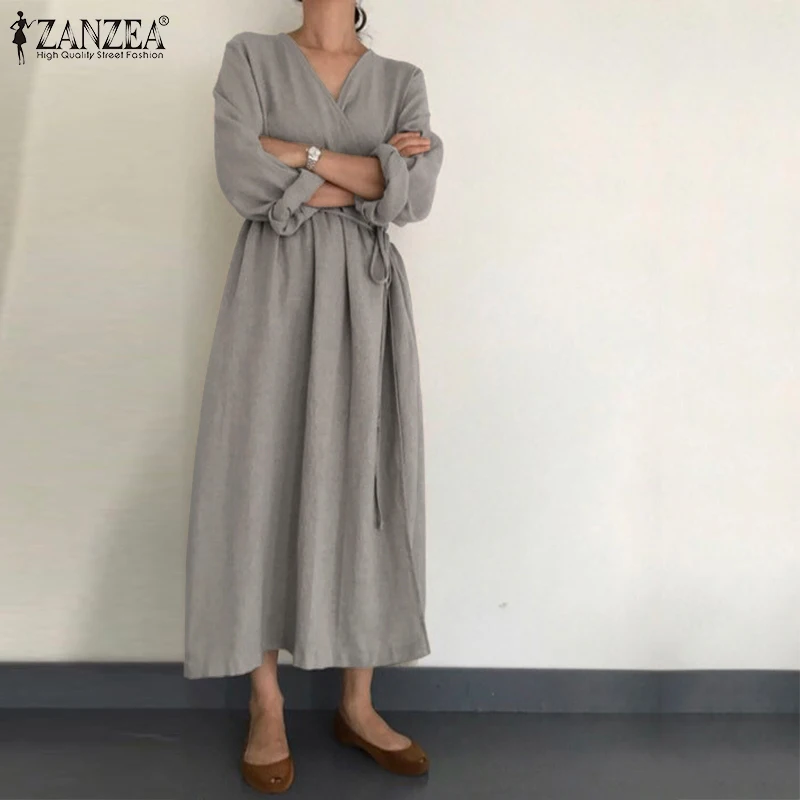 Light Grey Кафтан льняное Макси платье женский летний сарафан ZANZEA Повседневный с рукавом-фонариком длинное женское платье с v-образным вырезом Цельный халат с поясом - Цвет: Light Grey