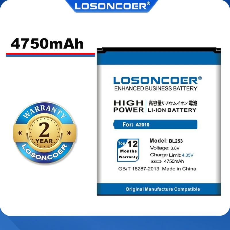 Аккумулятор LOSONCOER BL253 4750 мАч для Lenovo A2010 A2800D A3800D A2580 A2860 Vibe A 4 0 &quotA1000 A1000m A3600D 100% оригинал|mobile phone battery|battery for