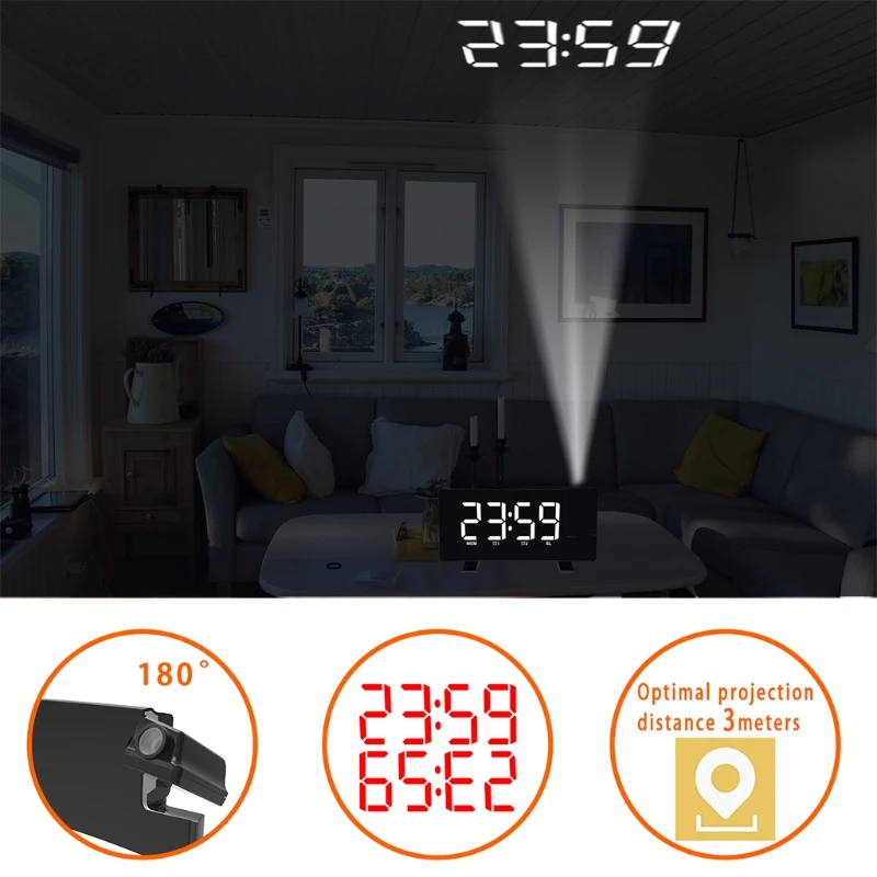 

Snooze Dual Alarm Clock FM Radio Timer LED Display Curved Double Projection Digital Ceiling Clock for Bedroom T84C