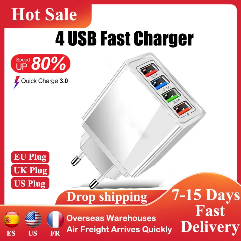 

4 in 1 USB Fast Charger QC 3.0 Quick Adapter Multi-port EU/US/UK Plug Charging Outlet Plug For iPhone/Huawei/Xiaomi Carregador