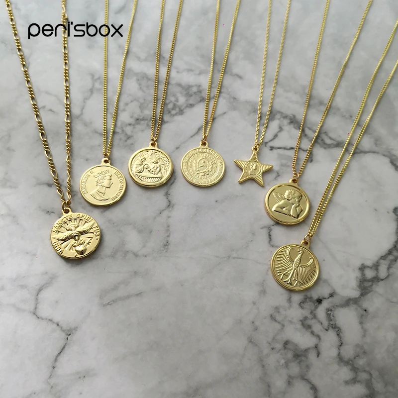 Peri'sbox модное Золотое медальон в форме монеты ожерелье королева елизания ожерелье с портретом шикарные золотые подвески для женщин