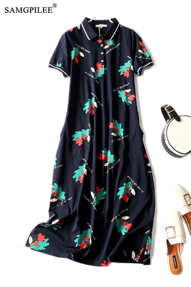 

Floral Polo Collar Dress For Women 2021 Summer New Fashion Stretch Over The Knee Cotton Comfortable Short Sleeve Woman Dresses