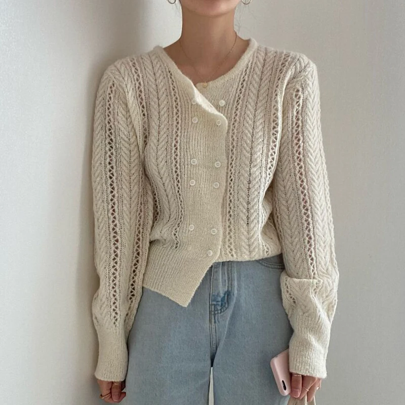 

Яркий двубортный вязаный свитер VANOVICH в Корейском стиле с круглым вырезом, Осень-зима 2021, новые кардиганы