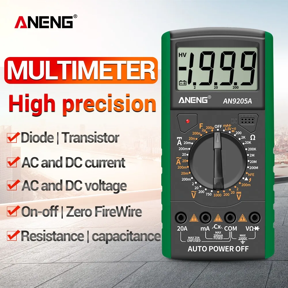 

Мультиметр ANENG AN9205A с ЖК-дисплеем, 1999 отсчетов, Автомобильный цифровой тестер сопротивления, портативный вольтметр, детектор переменного/по...