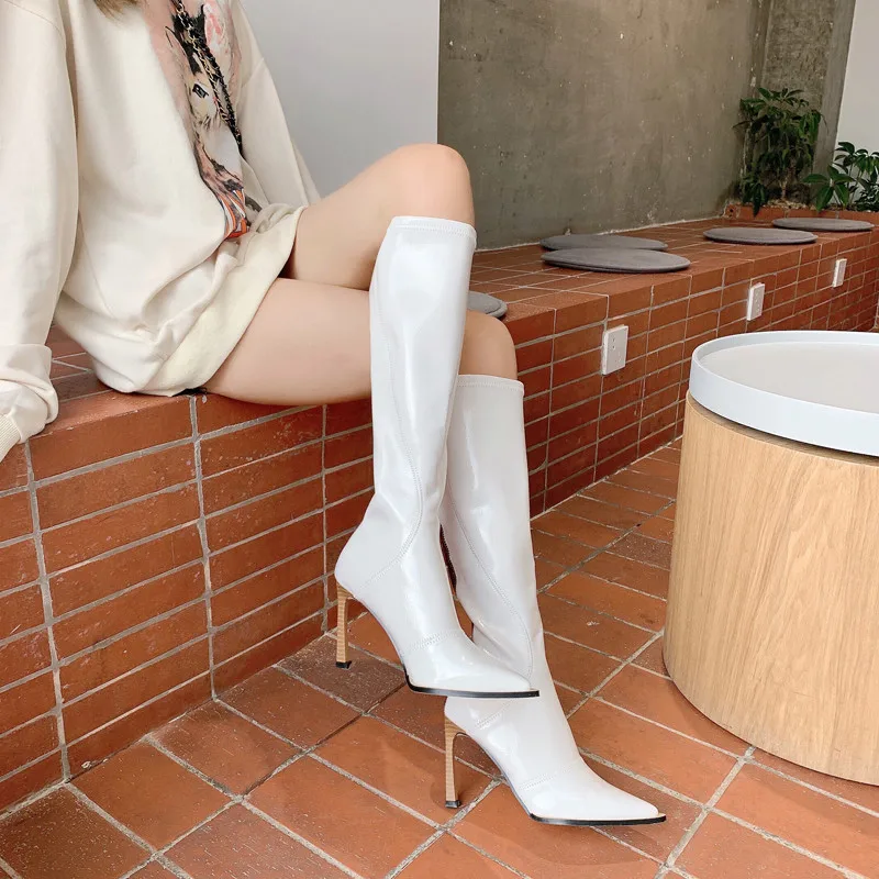 

Star style Soft Leather Women Long Boots Fashion Contrast color Zip Stiletto High Heels Autumn Winter Warm Knee-high Boots Shoes