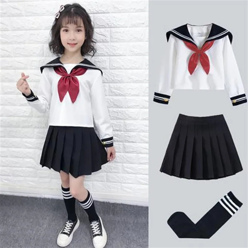 

Kid JK Sailor Dress 4PCS Girl Japanese Korean Orthodox School Uniform Pleated Skirt Navy Long Short Sleeve Kawaii Suit Cosplay