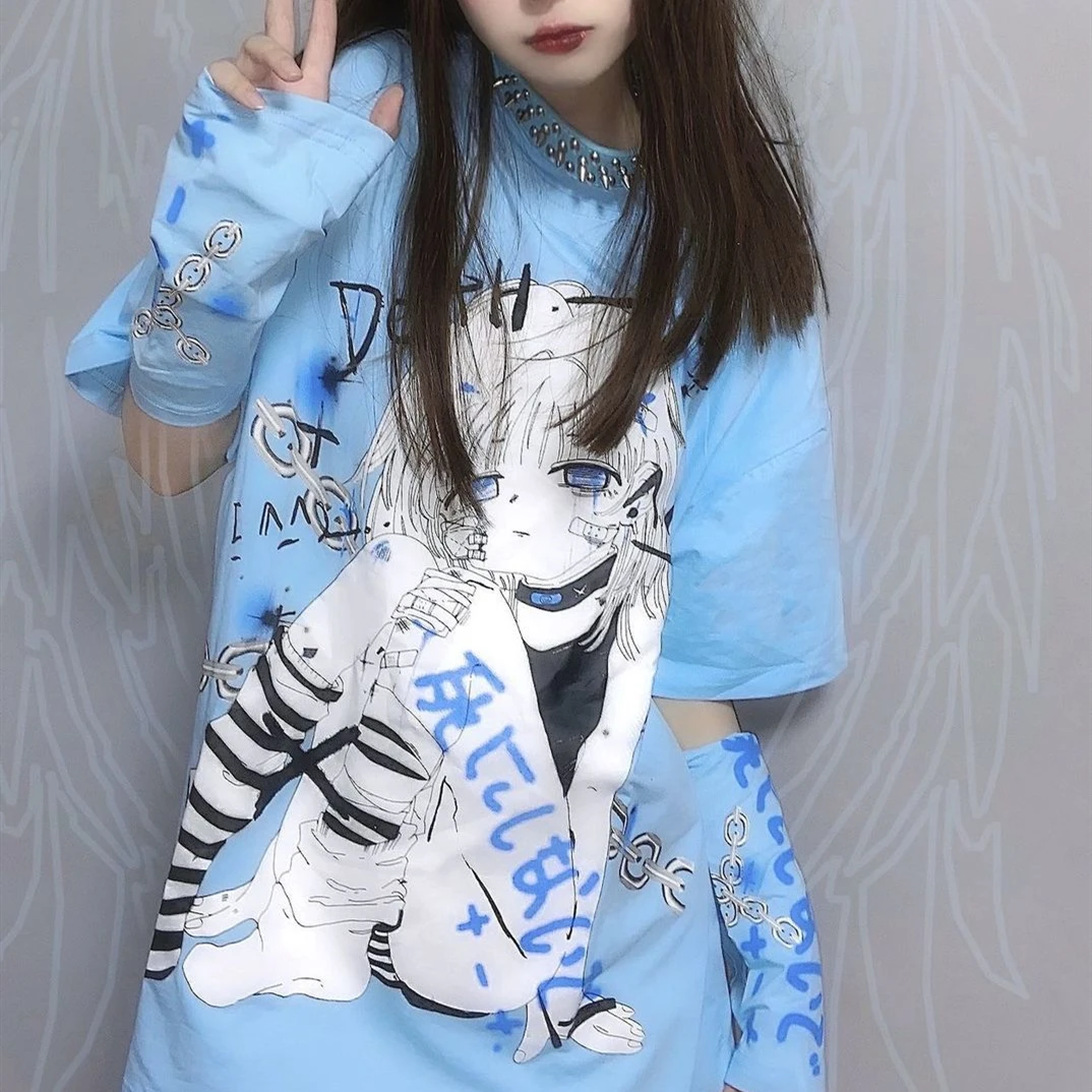 Harajuku Japanese Fashion Kanji Anime Girl Print T Shirts Sky Blue Graphic Tee 2021 Summer New Plus Size Tops Goth Teens Clothes