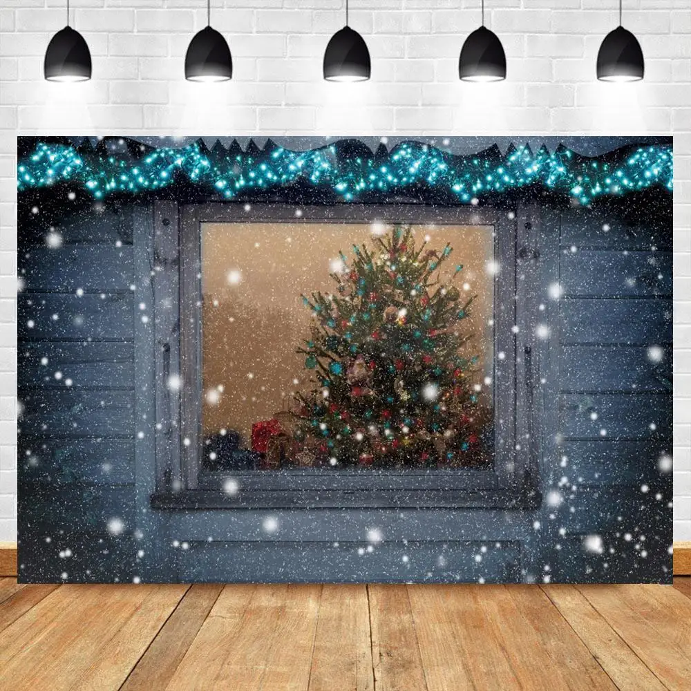 

Christmas Snow Grey Wood Window Photography Backdrops Winter Snowflake Christmas Tree Decor Photocall Background Photo Studio