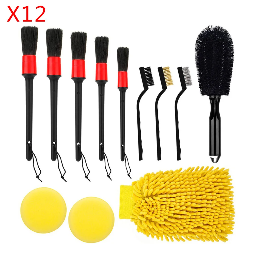 

12pcs Car Detailing Brush Sponge Wire Bristles Car Wash Gloves Tire Brush Kit Truck Vehicle Auto Wheel Rims Cleaning Tool