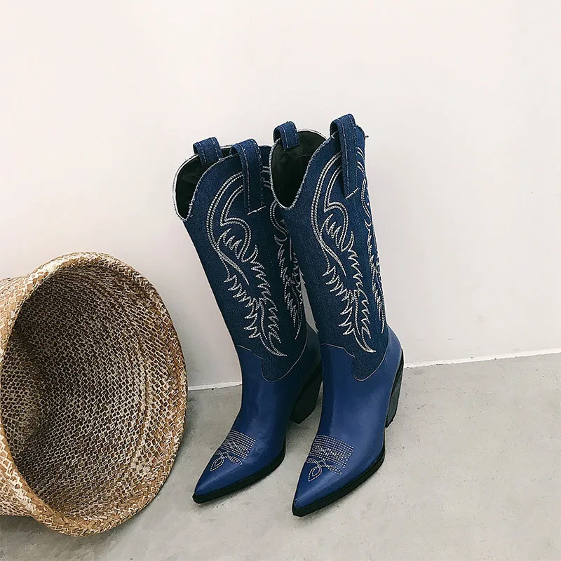 Женские сапоги до колена в западном стиле рыцарские боевые длинные с вышивкой