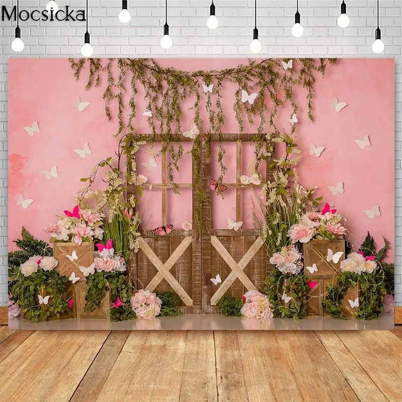 

Mocsicka Butterfly Pink Garden Cake Smash Photography Backdrops Wooden Door Decor 1st Birthday Photocall Background Photo Studio
