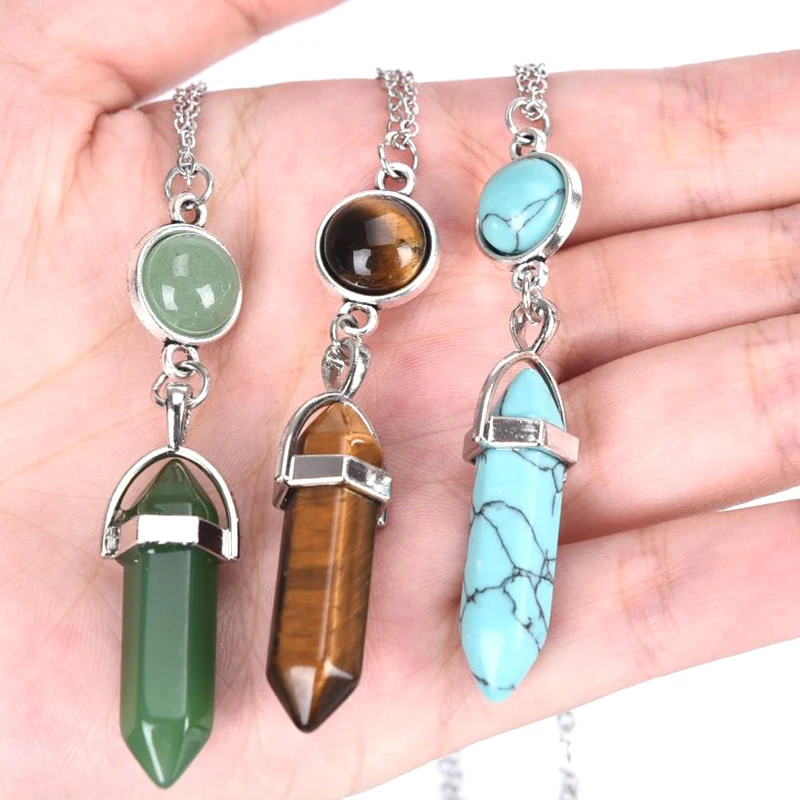 

Hexagonal Column Necklace Natural Stone Amazonite Pendant Two Sharp Angle Quartz Beads for Women Men Jewelry