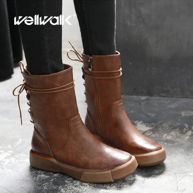 Ботинки до середины икры в стиле ретро женская зимняя обувь повседневные ботинки