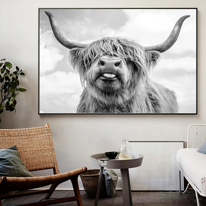 Черно белые плакаты с изображением яка Highland Cow Wild картина рисунком животных