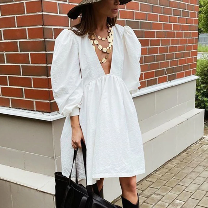 

Sexy Ruched Dress For Women V Neck Long Puff Sleeve High Waist Loose Midi Dresses Black Female 2020 New Fashion Clothing C144