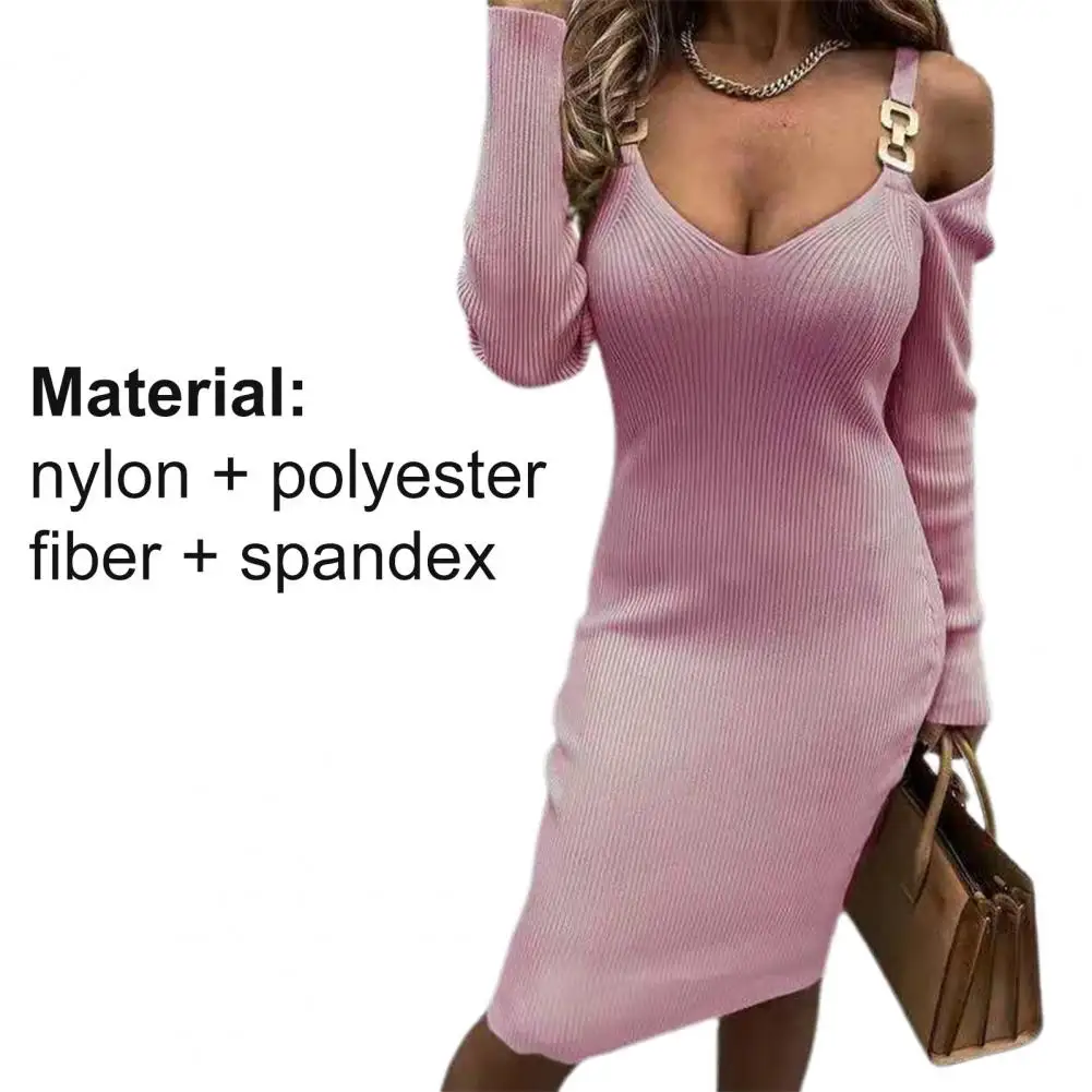 

Women Knee-length Dress Solid Color Bodycon Metal Shoulder Strap Deep V Neck Long Sleeve Dress Party summer dress
