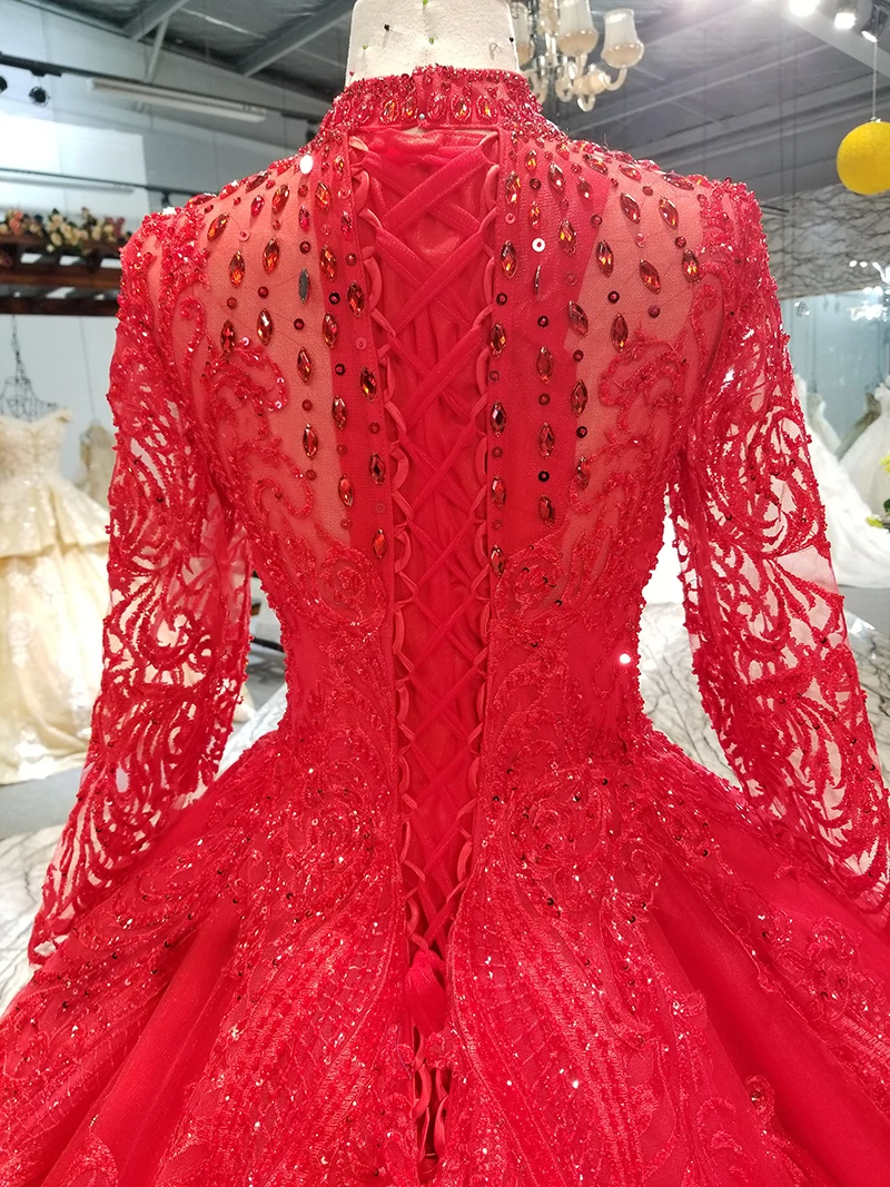 

BGW 2209ht Red Muslim Puffy Vintage Evening Party Dress Long Sleeves High Neck Floor Length Ball Gown Brides Wedding Party Dress