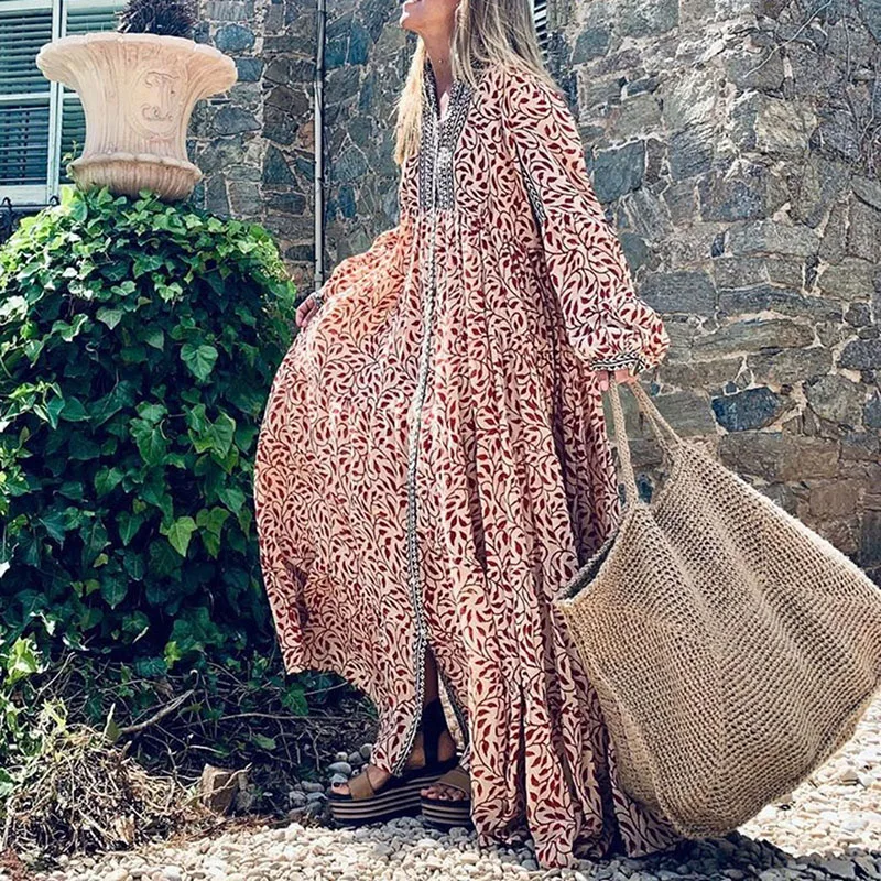 Осенне-весеннее женское длинное богемное платье с цветочным принтом размера