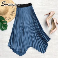 surmiitro 2021 summer soft satin midi long pleated skirt women korean style blue high waist mid length a line skirt female
