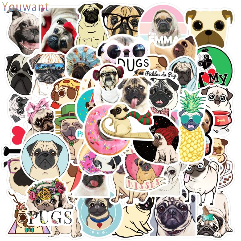 

10/50pcs Cute Pugs Stickers Waterproof Helmet Luggage Notebook Laptop Suitcase Skateboard Decoration Animals Graffiti Sticker