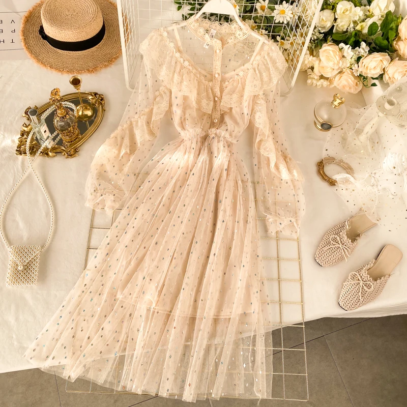 2020 Новая модная женская одежда платье с блестками зимнее пышными рукавами и