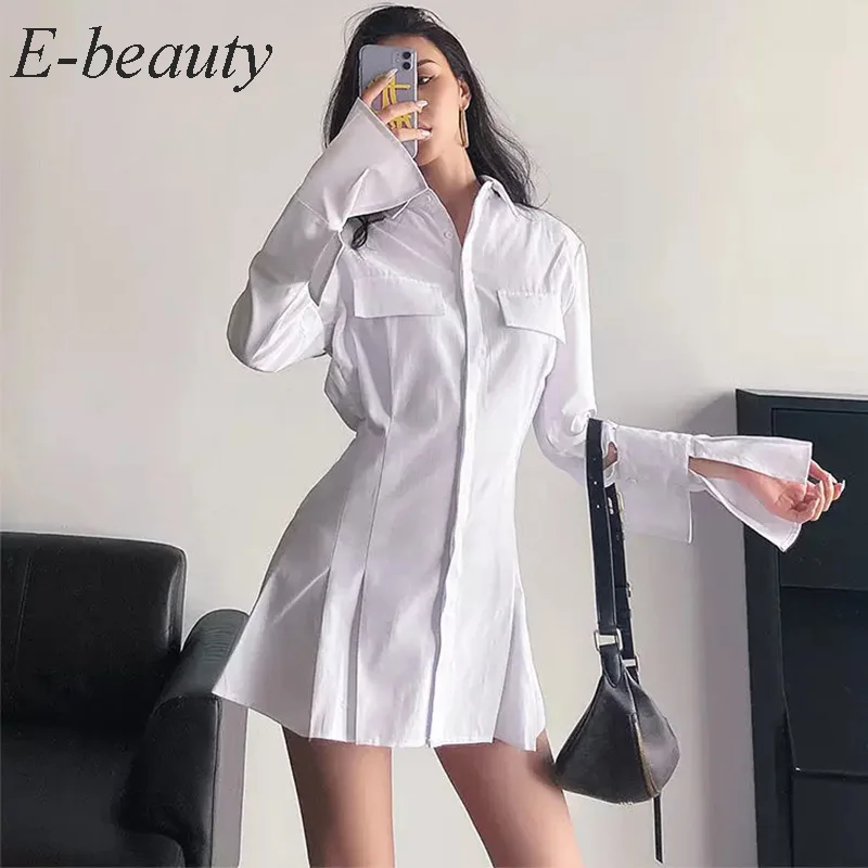 

White Short A Line Dress Women New Office Lady Dress Solid Tunic Shirt Dress Female Pocket Cotton Dresses Autumn Green Vestido