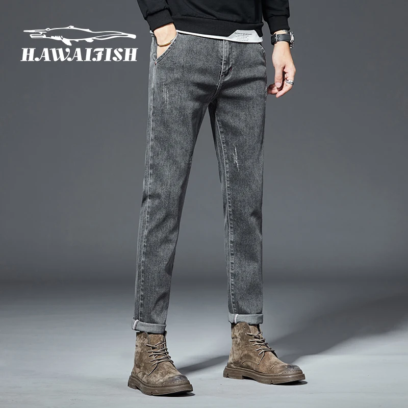 

Мужские тонкие облегающие джинсы, брендовая одежда, новинка 2021, летние джинсы, мужские серые укороченные брюки, эластичные повседневные джинсы, мужские джинсы