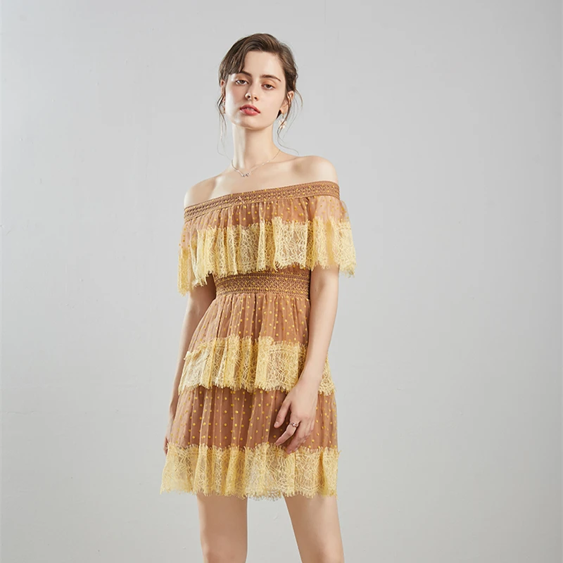 

Женское платье-Автопортрет в горошек, Сетчатое кружевное лоскутное платье мини с открытыми плечами и вырезом лодочкой, лето 2020