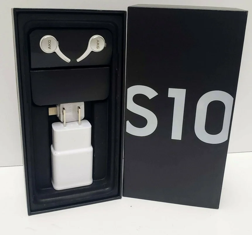 

White Samsung Galaxy S10 Retail Box With Accessories including Earbud Wall Charger Cable Manual or Empty S10 Original Box