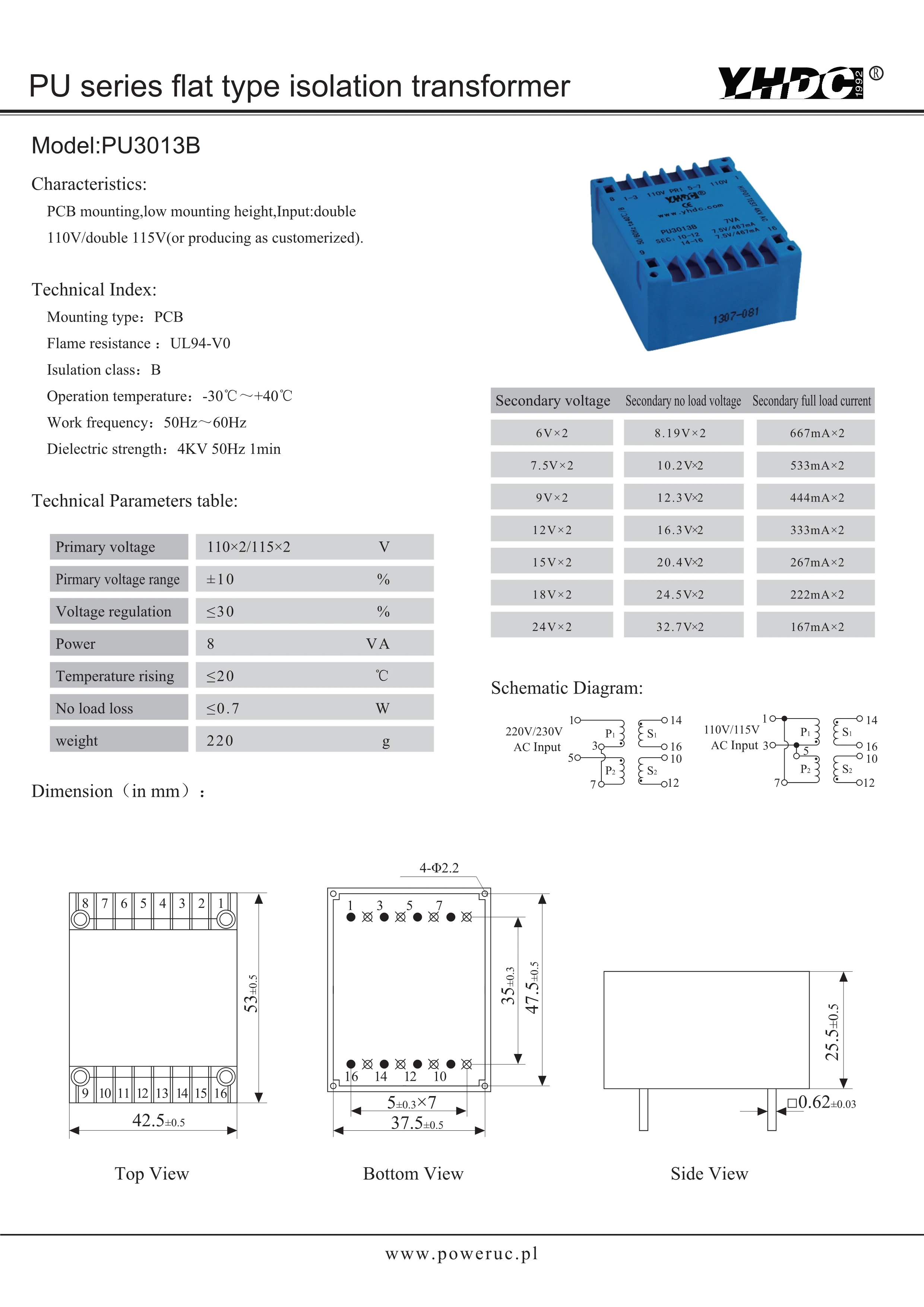PU3013B 7VA 2*110V 2*7 5 V для монтажа печатной платы трансформатор серия UI30