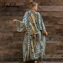Fitshinling Vintage Geometric Beach Kimono Bohemian Oversized Cardigan With Belt Holiday Slim Ethnic Tribe Swimsuits Cover Up