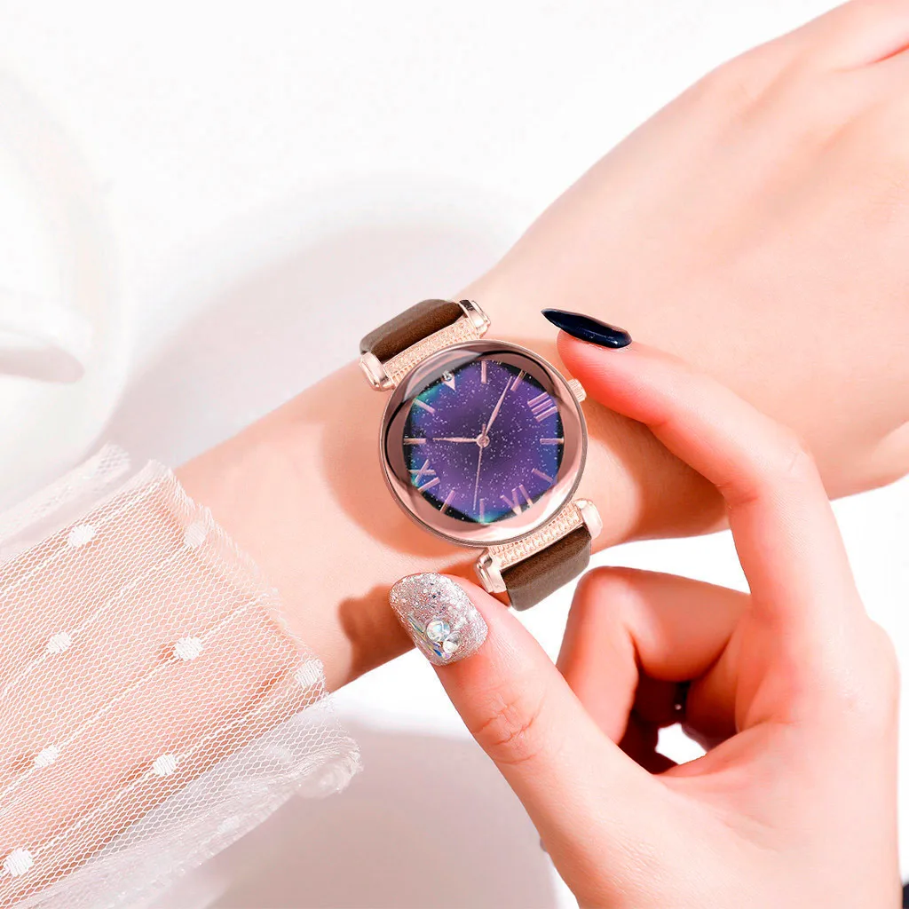 

Quartz Watch Fashion Simple Starry Dial Leather Band Strap Watches Ladies Creative Design Roman numeral Wristwatch montre