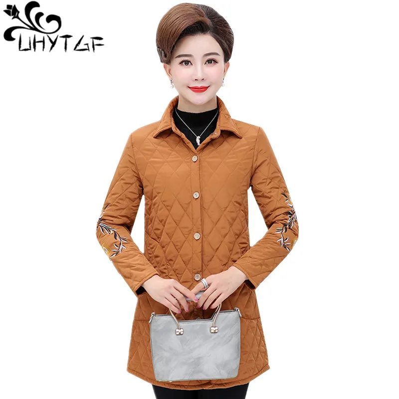 

UHYTGF Spring autumn coat parkas mujer fashion embroidered parka womens single-breasted loose plus size jacket abrigo mujer 1110