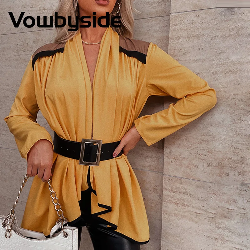 

Colorblock Ruffles Asymmetrical Long Sleeve Coat (No Belt)