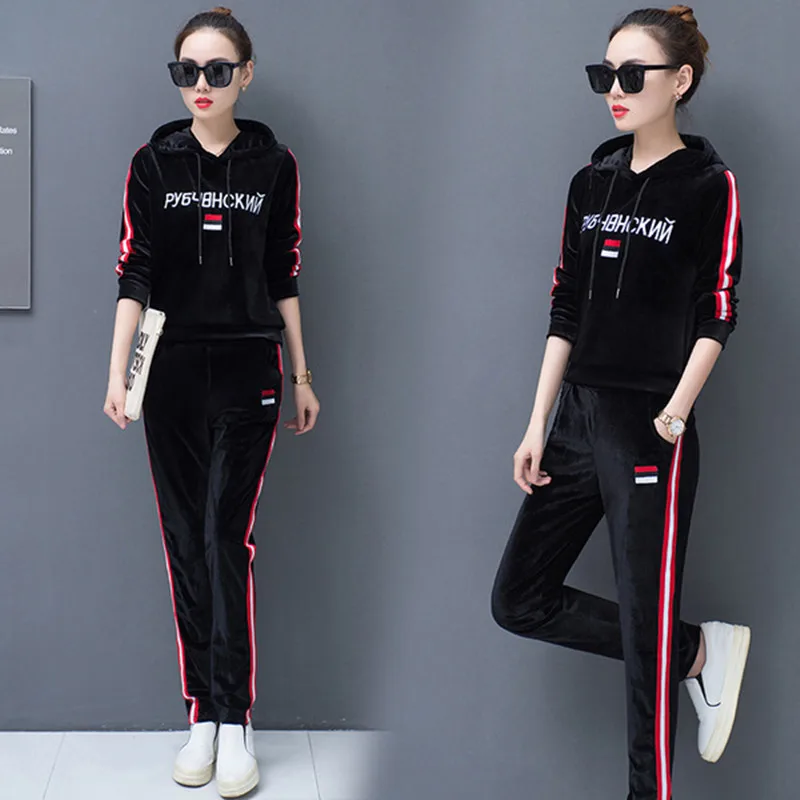 Осенний Бархатный комплект с капюшоном Женский из 2 предметов толстовка в